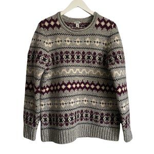 Vintage LL Bean Lambs Wool Ragg Fair Isle Nordic Sweater Gray Crewneck M